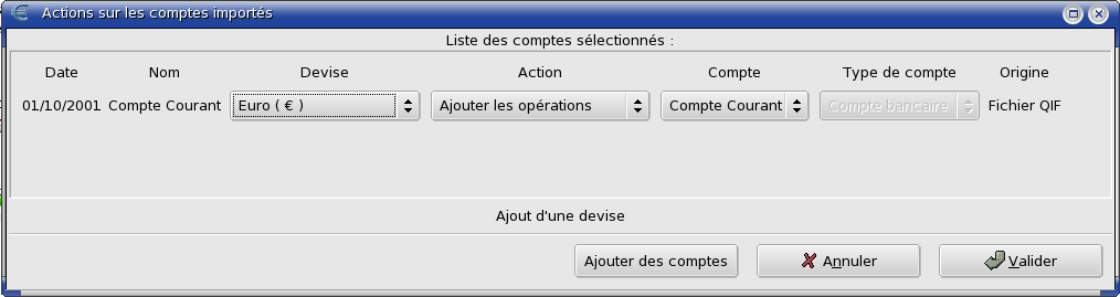 Figure 4.2 : Actions sur les comptes importés