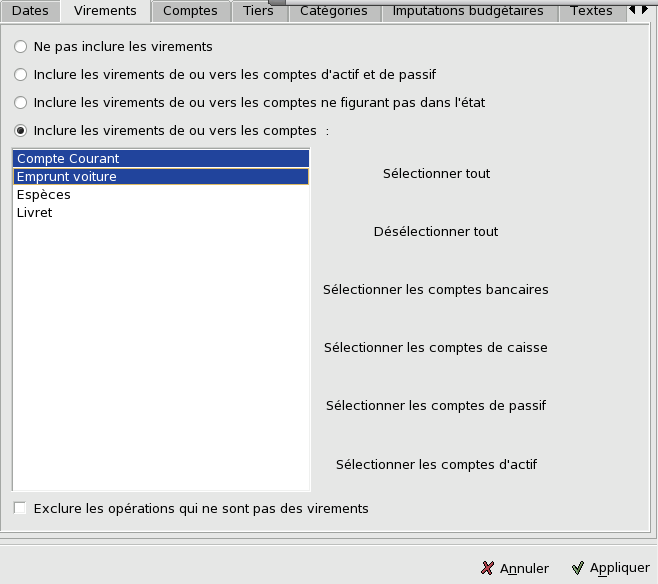 Figure 15.5 : Création d'un état : sélection d'après les virements